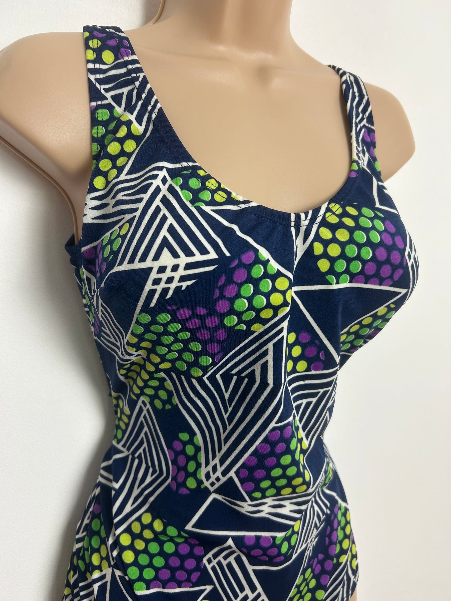 Vintage 1970s Size 14 Navy Blue White Green & Purple Stripe Geo & Spot Print Moulded Cups Swimsuit