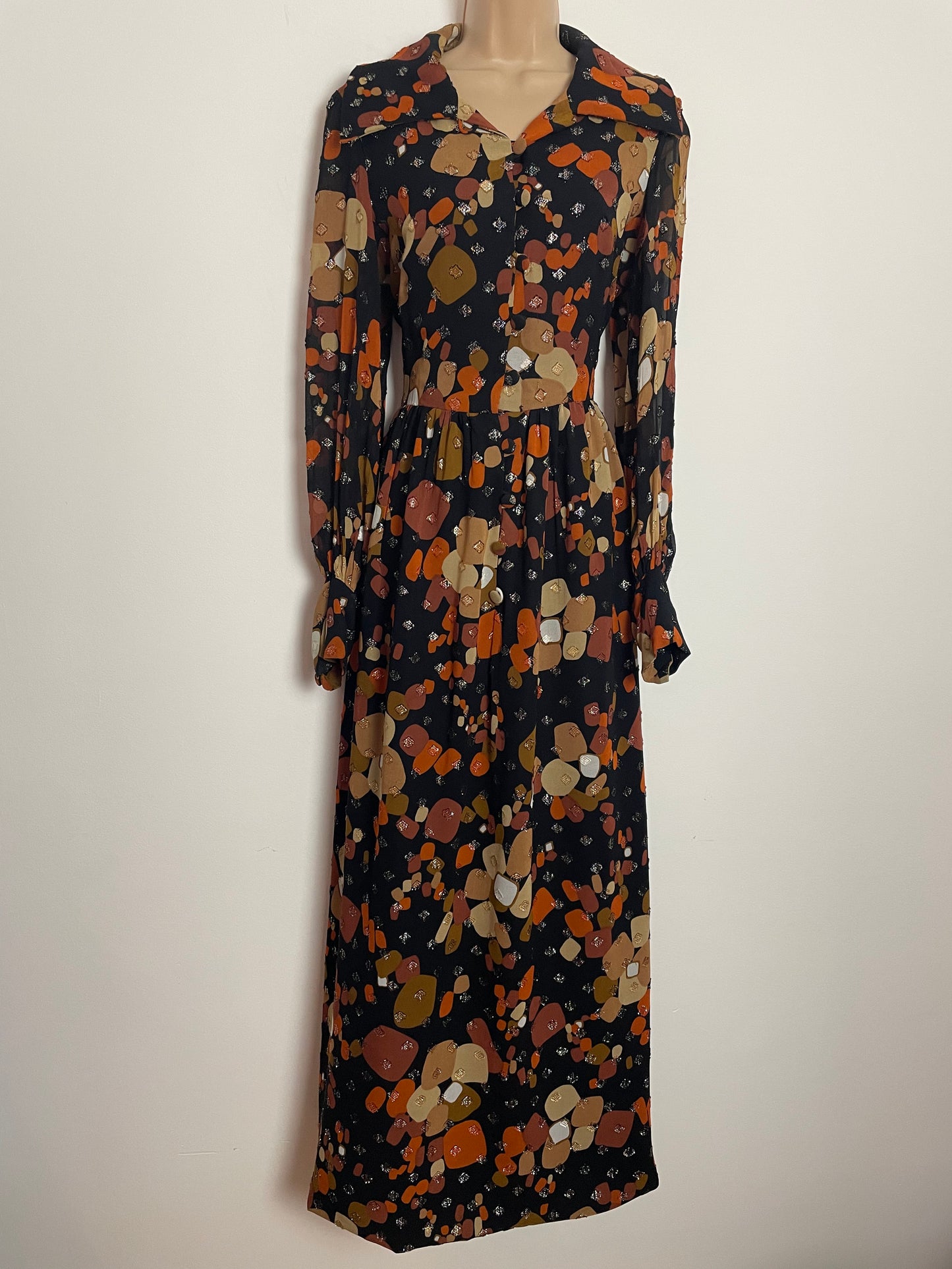 Vintage 1970s ROGAIRE UK Size 12 Black Rust Brown Beige & Gold Abstract Print Long Sleeve Occasion Dress