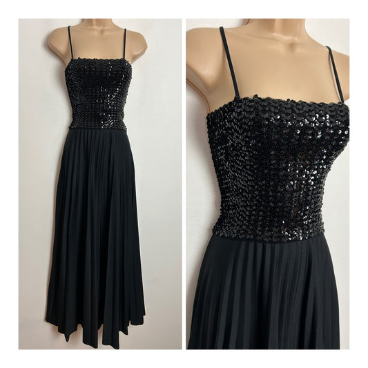 Vintage 1970s YOLENE Up To Size 10 Black Sequin Bodice Strappy Pleated Evening Maxi Dress