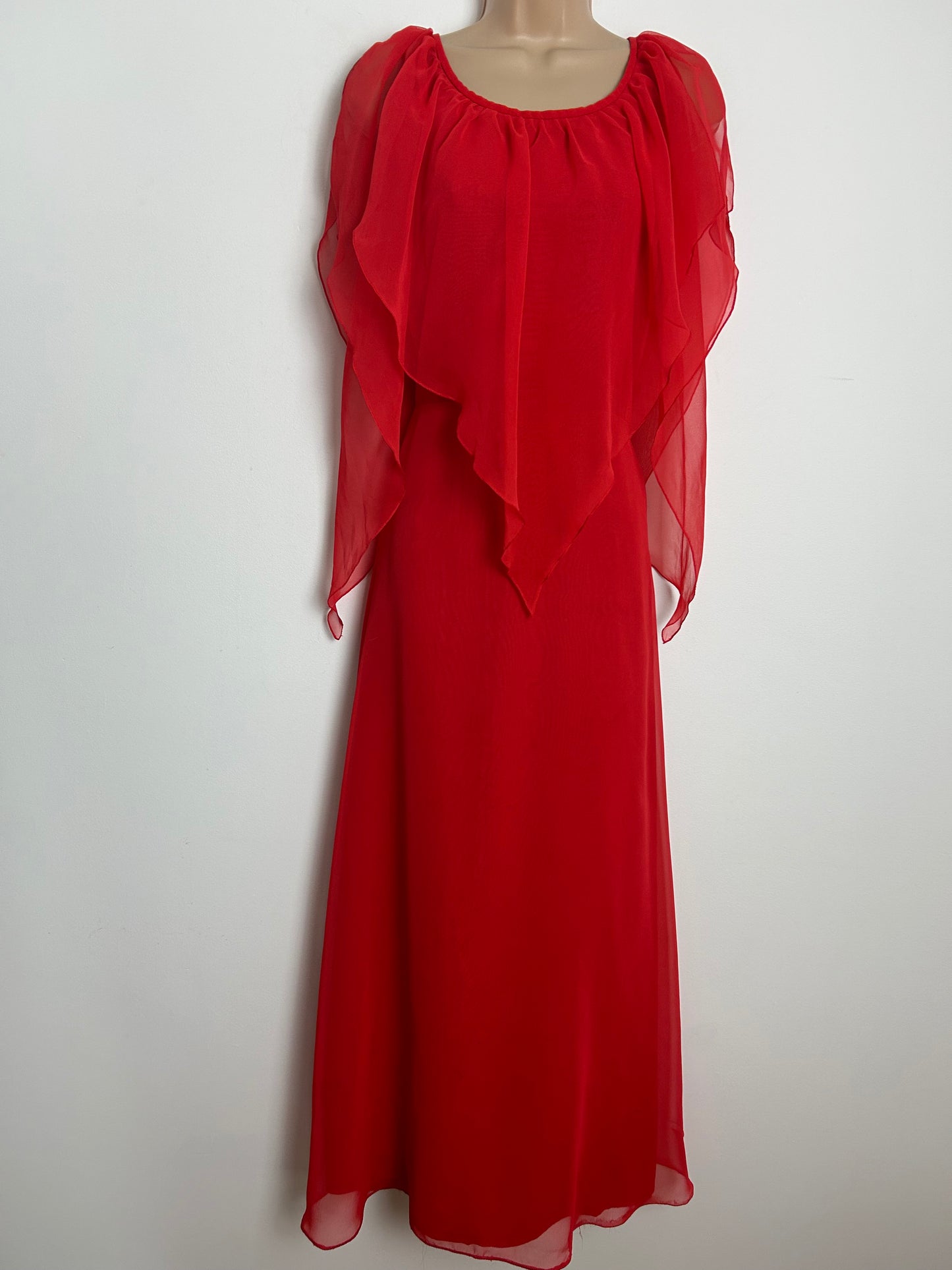 Vintage 1970s DEBENHAMS Size 12 Red Chiffon Split Floaty Sleeve Layered Occasion Maxi Dress