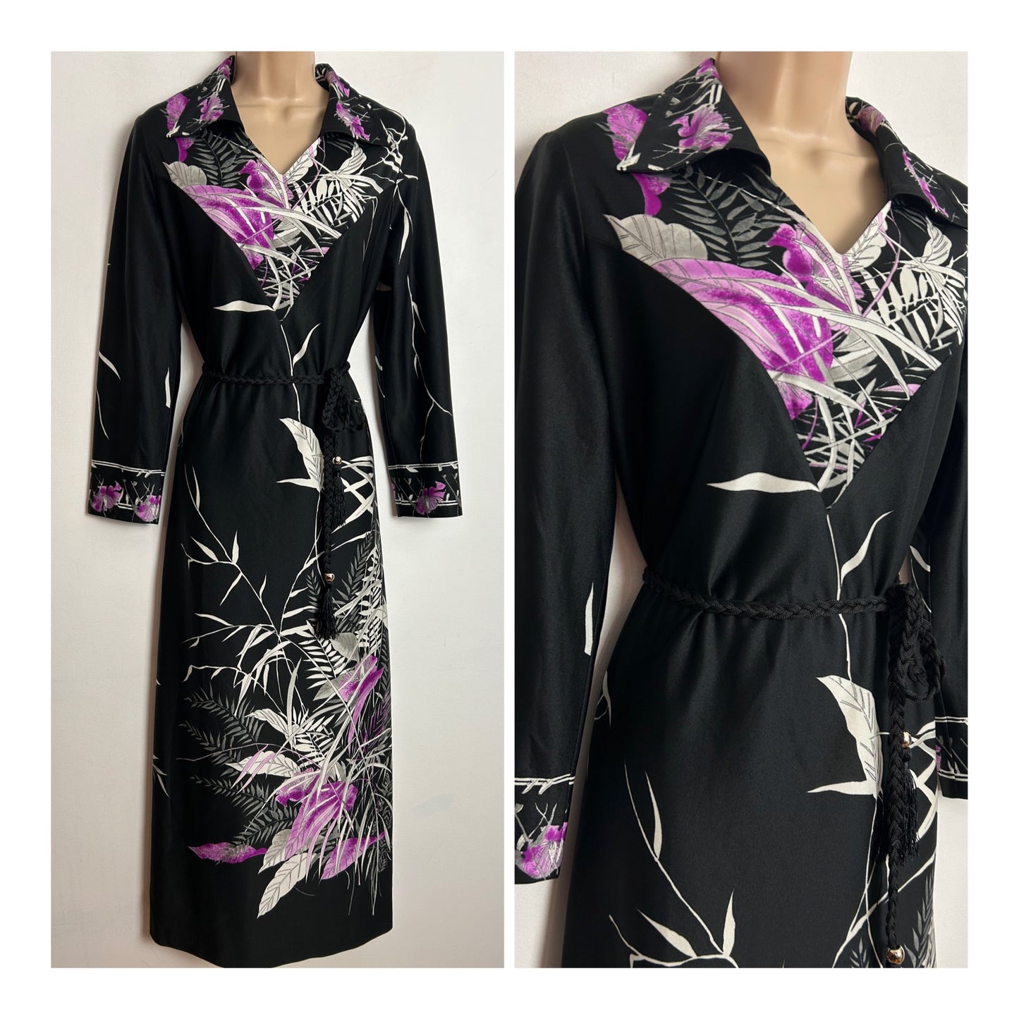 Vintage 1970s UK Size 14-16 Black Pink White & Grey Leaf Print Long Sleeve Belted Dress