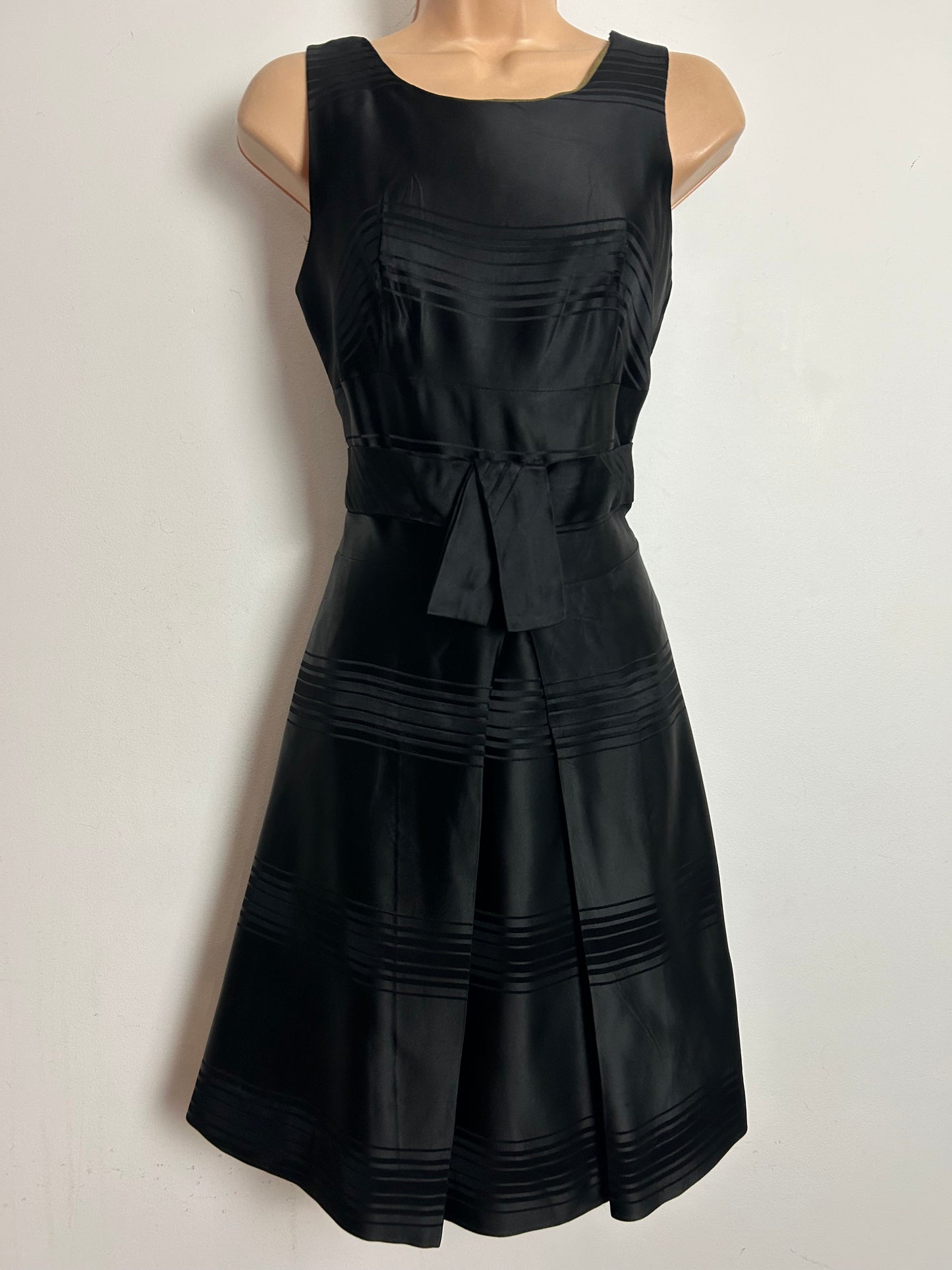 Vintage 1960s Size 8 Black Stripe Satin Sash Belted Party Dress