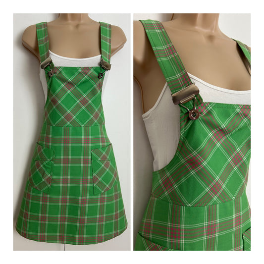 Vintage 1970s Size 8-10 Cute Green Pink & White Check Print Pinafore Style Mini Dress