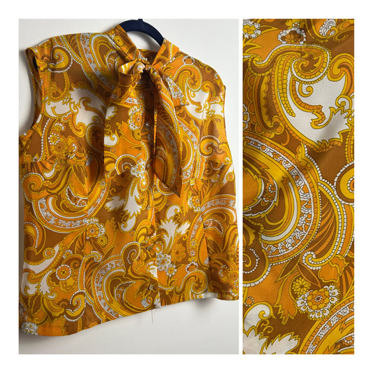 Vintage 1960s Size 16 Orange & Brown Tones Floral Print Pussy Bow Sleeveless Blouse