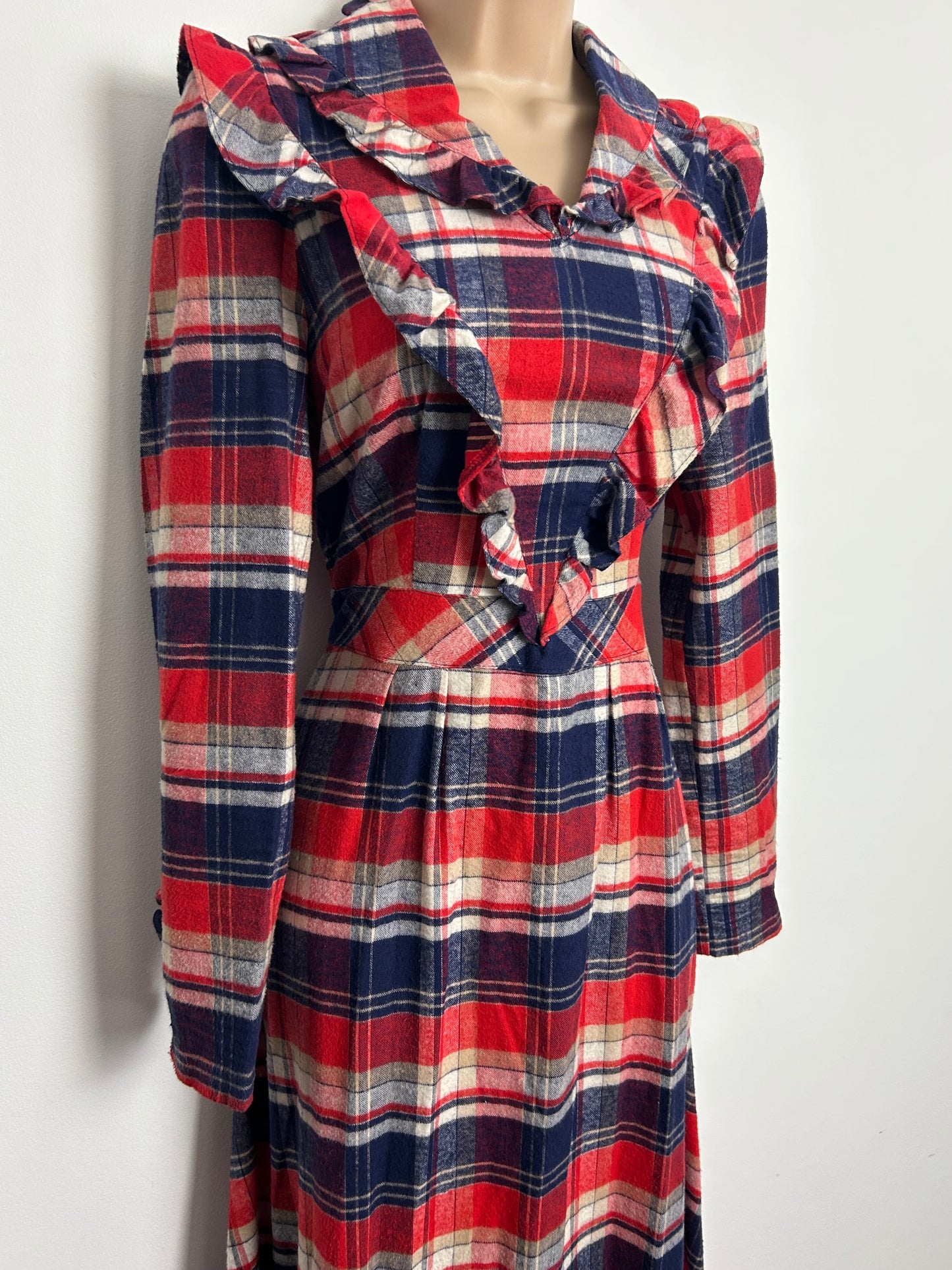 Vintage 1970s BETTY BARCLAY Size 10 Blue Red & White Check Flannel Cotton Tie Back Prairie Maxi Dress