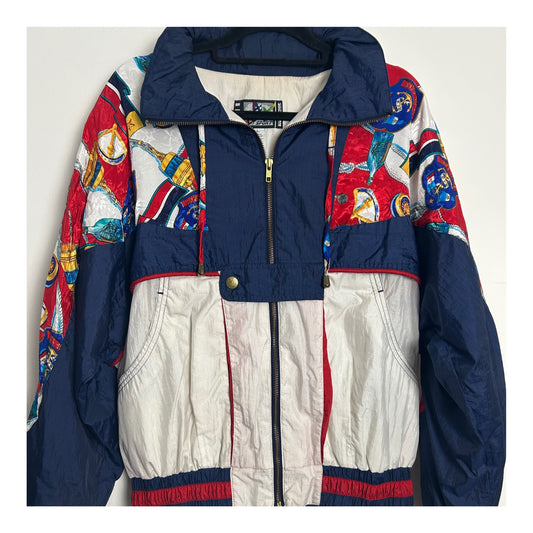 Vintage 1980s RIVER EDGE Size L (Up To Size 16) Blue White & Red Royal Navy Nautical Novelty Print Shell Jacket/Windbreaker