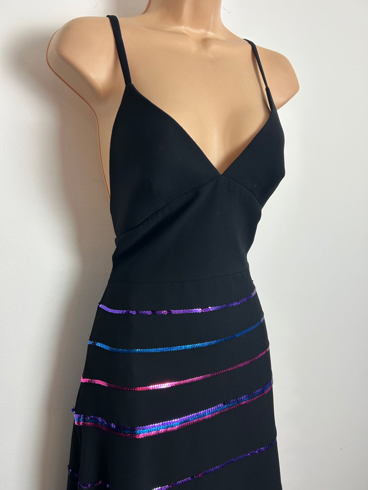 Vintage 1970s LOUIS FERAUD Size 6 Black Halterneck Purple Blue & Pink Sequin Detail Evening Party Maxi Dress