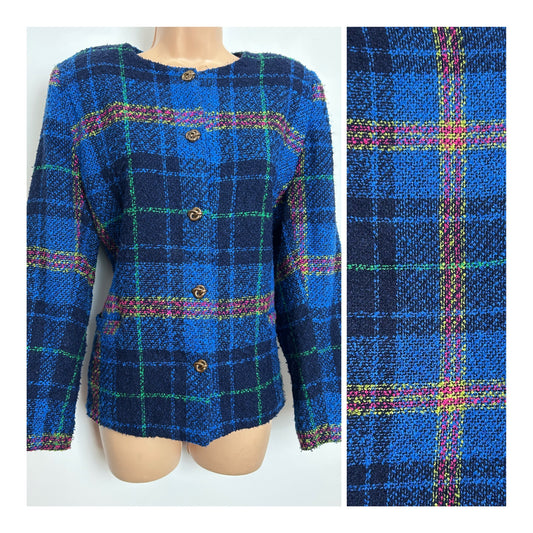 Vintage VINCI CLOTHIERS Size 14 Blue Check Boucle Collarless Boxy Jacket