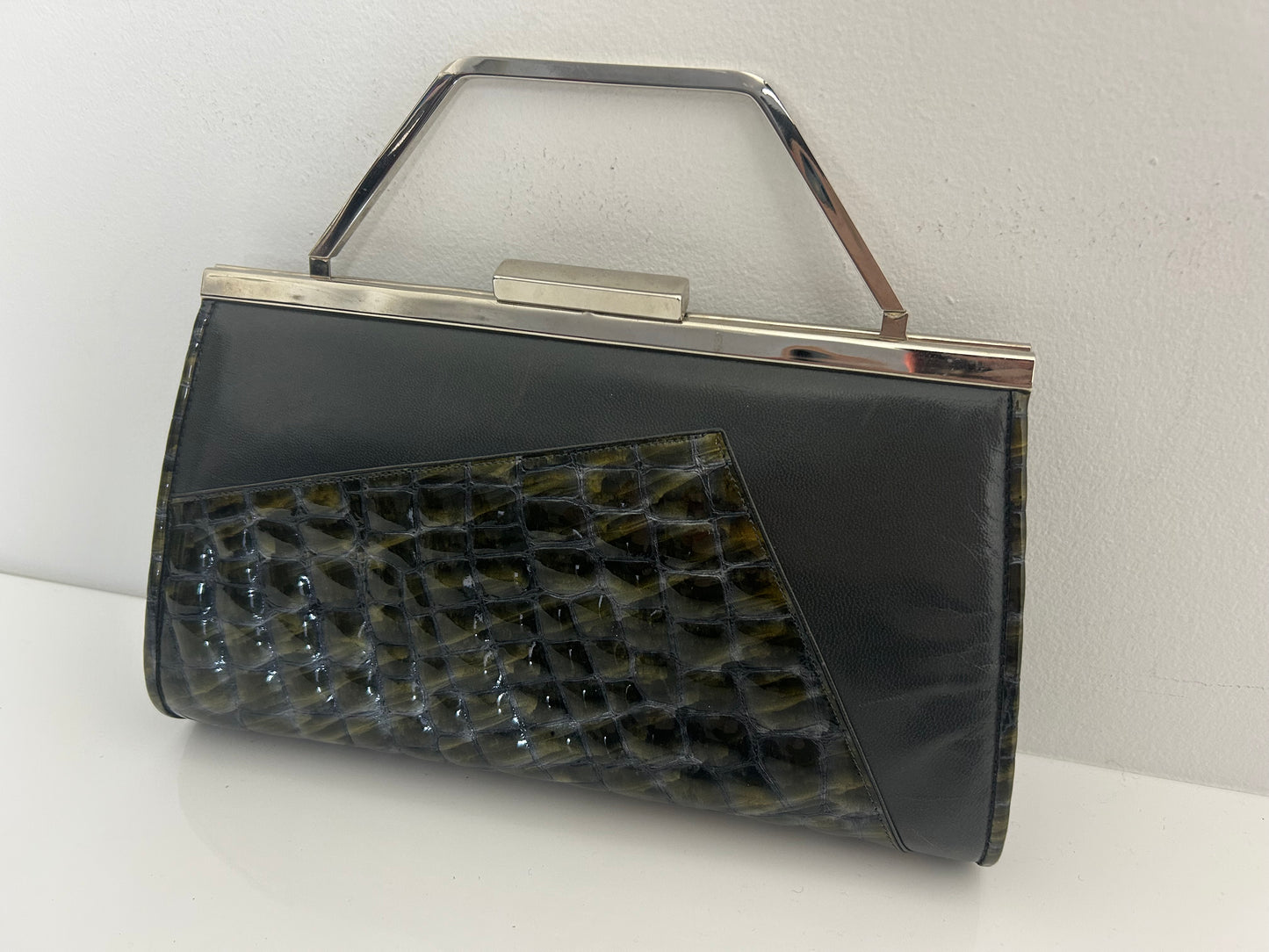 Vintage Early 1980s RENATA. Italy Grey & Dark Green Tones Mock Reptile Panel Clutch Or Shoulder Bag