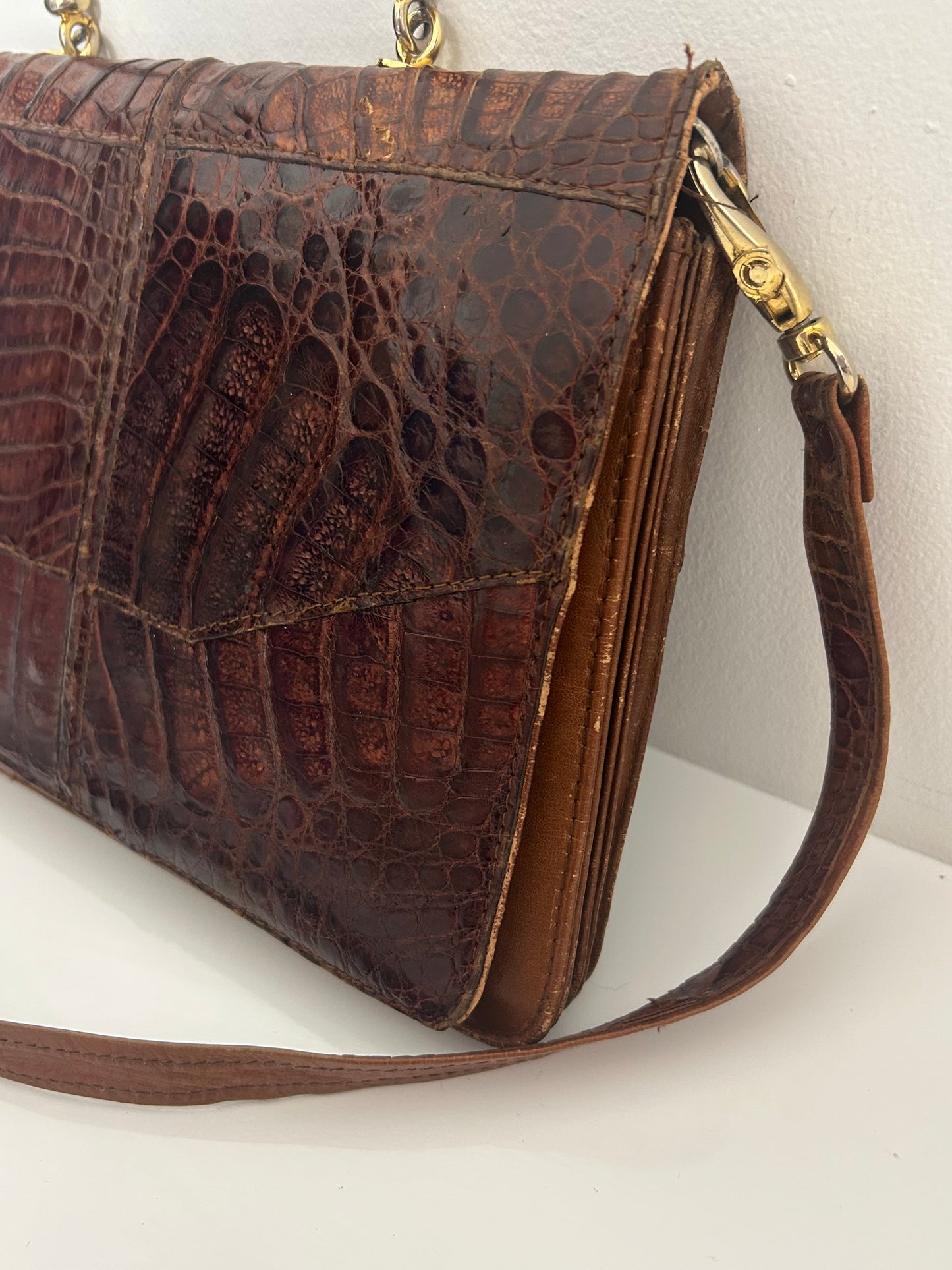 Vintage 1970s Brown Crocodile Skin Leather Handbag With Detachable Shoulder Strap
