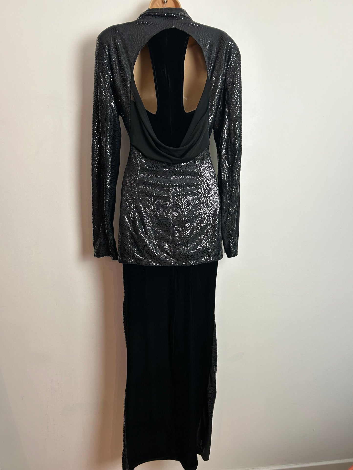 Vintage 1980s ROMEO POUR JULIETTE Paris UK Size 10 Black Velour & Snakeskin Evening Dress & Matching Open Back Jacket