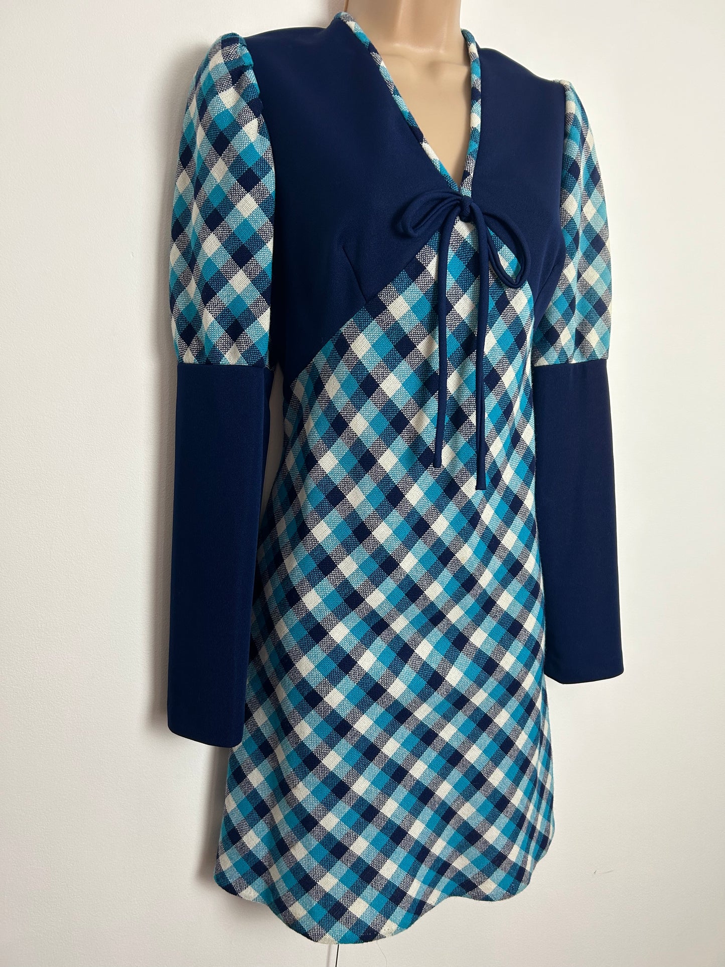 Vintage 1960s CHARMONT OF LONDON UK Size 12-14 Navy Blue White & Turquoise Check Pattern Juliet Sleeve Mod Dress