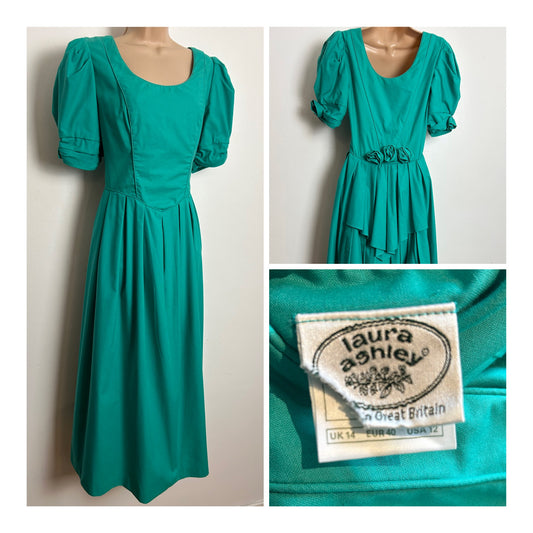 Vintage 1980s LAURA ASHLEY Size 10 (Size 14 On Label) Green Corsage Bustle Back Ballgown Midi Dress
