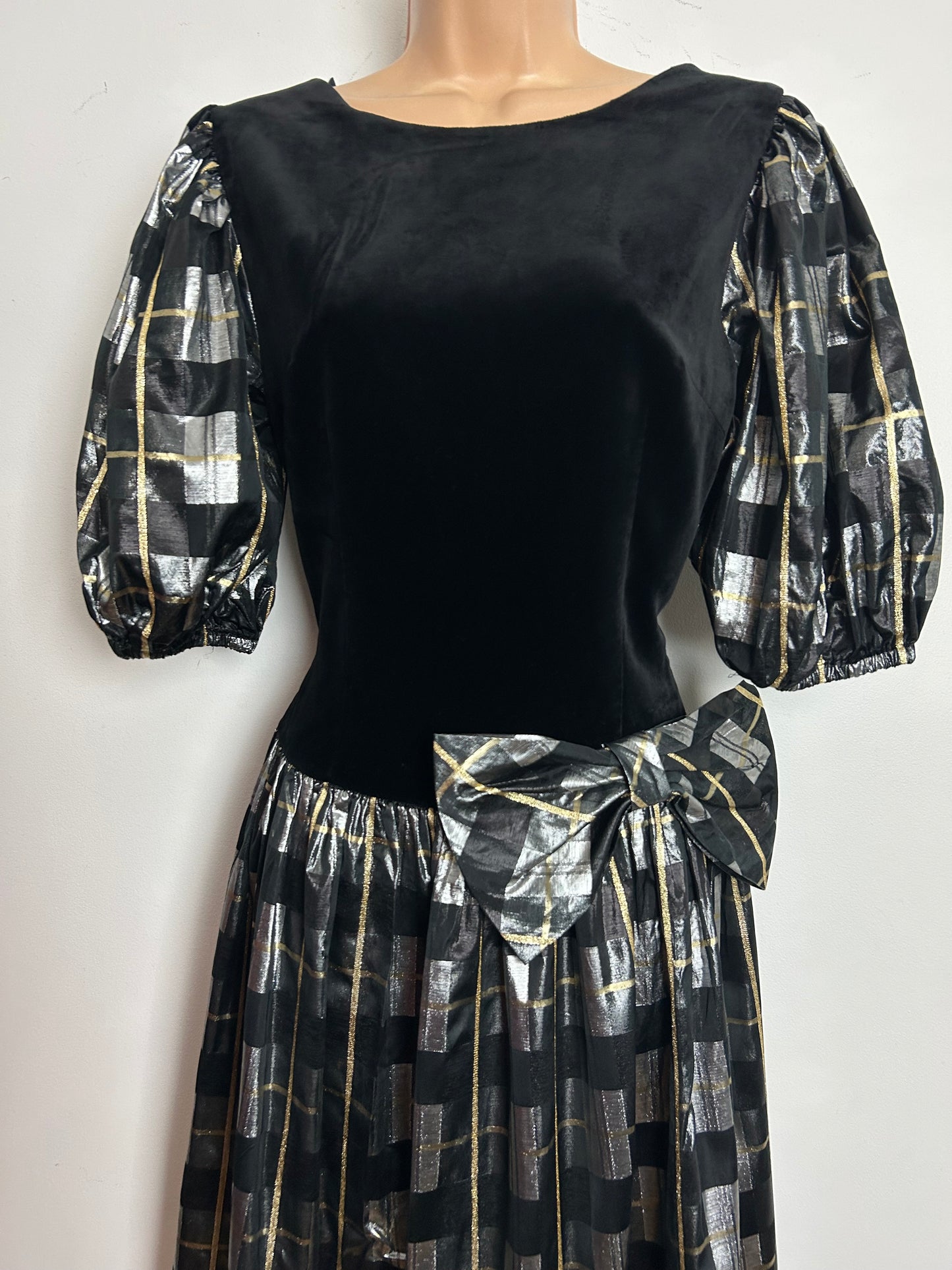 Vintage 1980s AUGUSTAT Size 8 Black Silver & Gold Velvet & Taffeta Bow Detail Evening Occasion Maxi Dress