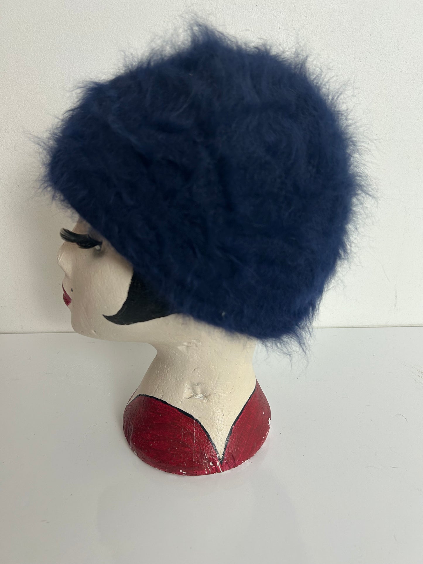 Vintage Navy Blue Angora & Wool Mix Super Soft Beanie Pull On Hat