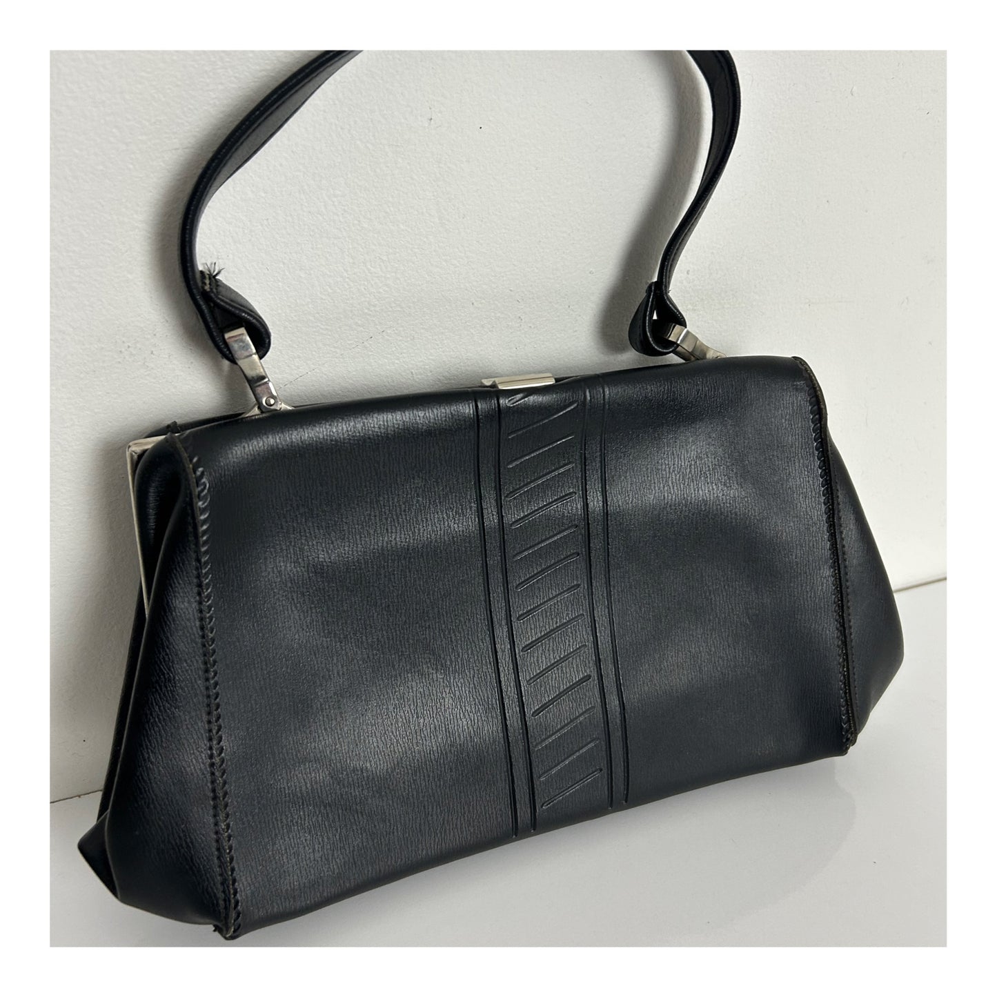 Vintage 1950s Small Black Faux Leather Silver Tone Kelly Style Handbag