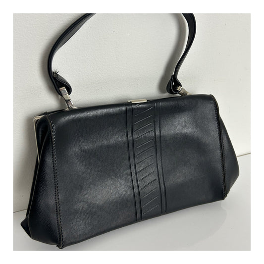 Vintage 1950s Small Black Faux Leather Silver Tone Kelly Style Handbag