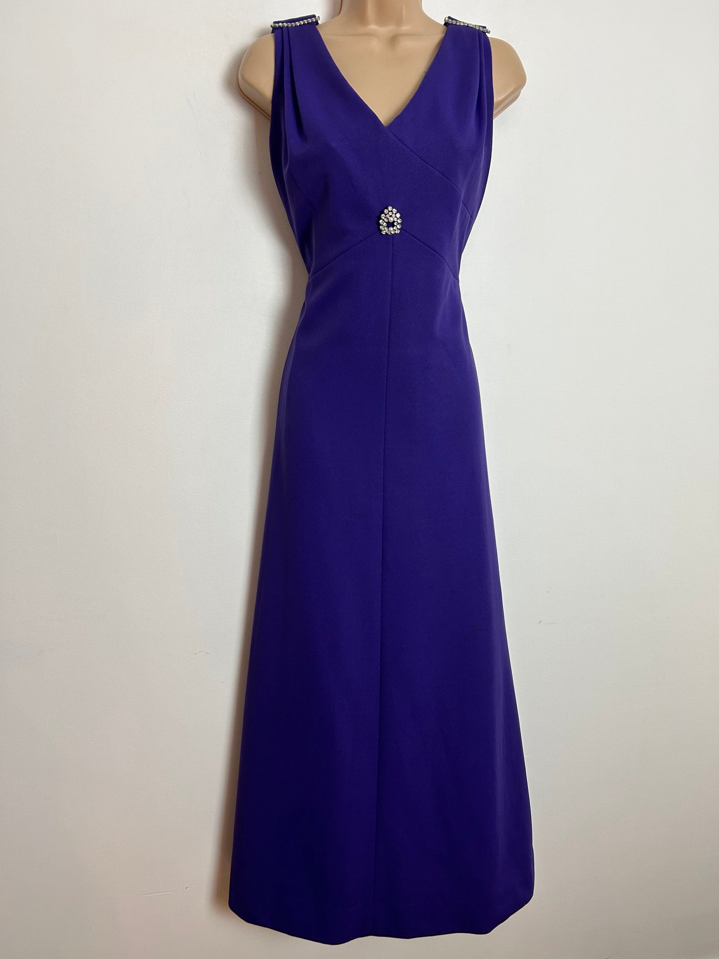 Vintage 1970s UK Size 12 Purple Diamante Shoulder & Brooch Detail Evening Occasion Maxi Dress