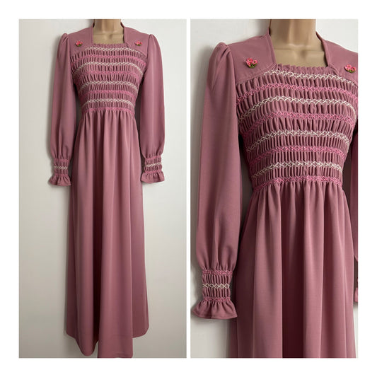 Vintage 1970s UK Size 8-10 Dusky Pink Shirred Bodice Long Sleeve Tie Back Maxi Dress