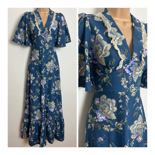 Vintage 1970s Size 8 Petrol Blue Floral Print Lace Trim Short Sleeve Boho Maxi Dress