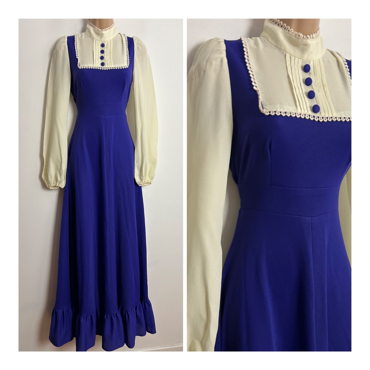Vintage 1970s UK Size 6-8 Purple & Cream Contrast Prairie Boho Long Sleeve Maxi Dress