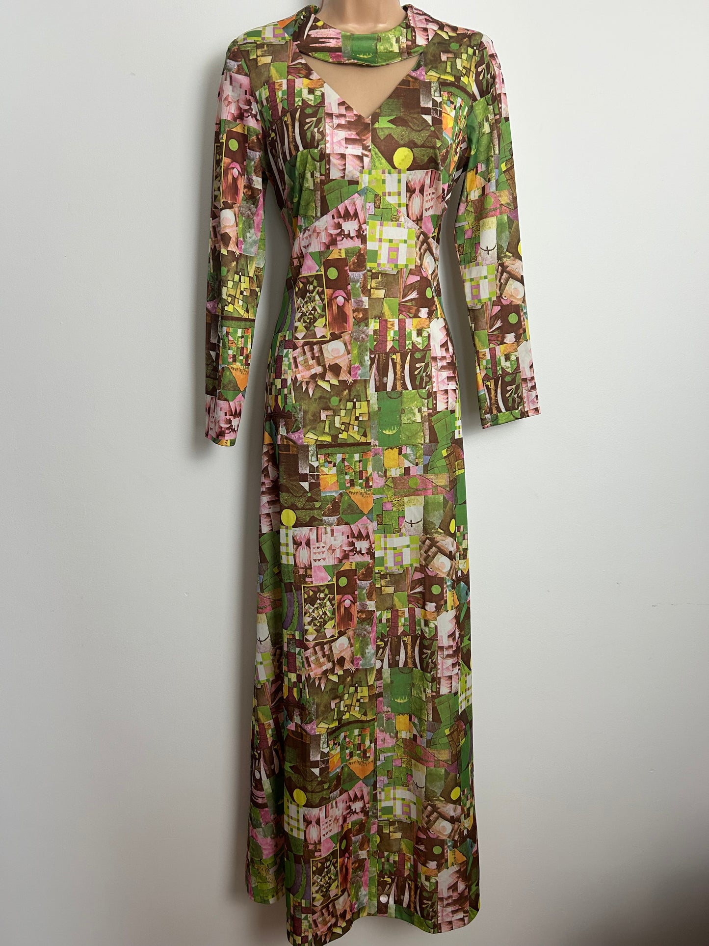 Vintage 1970s LEYGIL Size 10-12 Green Pink & Brown Keyhole Choker Neck Abstract Print Maxi Dress