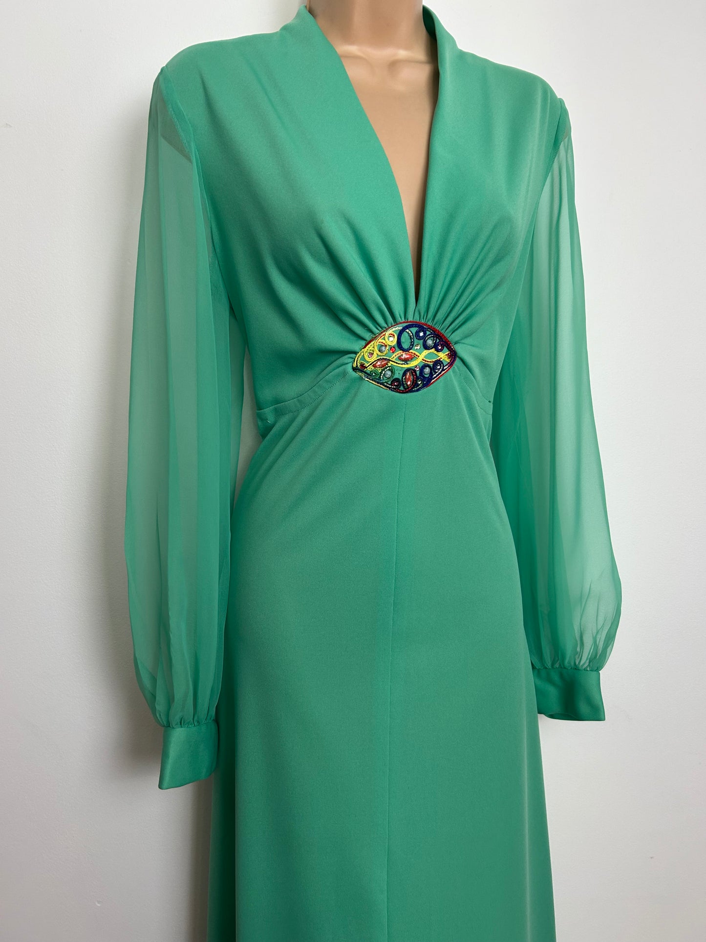 Vintage 1970s Size 12 Jade Green Long Chiffon Sleeves Occasion Maxi Dress