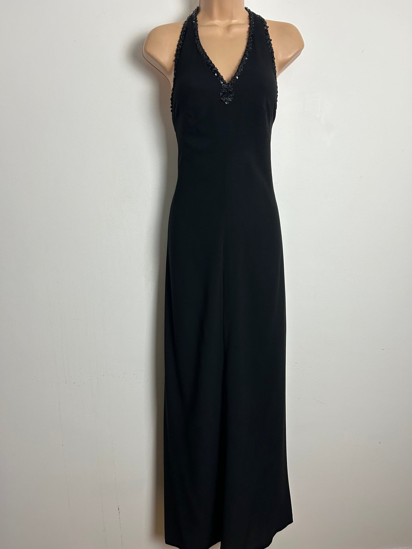 Vintage 1970s Size 10-12 BlackPure New Wool Sequin Open Back Bow Strap Halter Neck Evening Maxi Dress