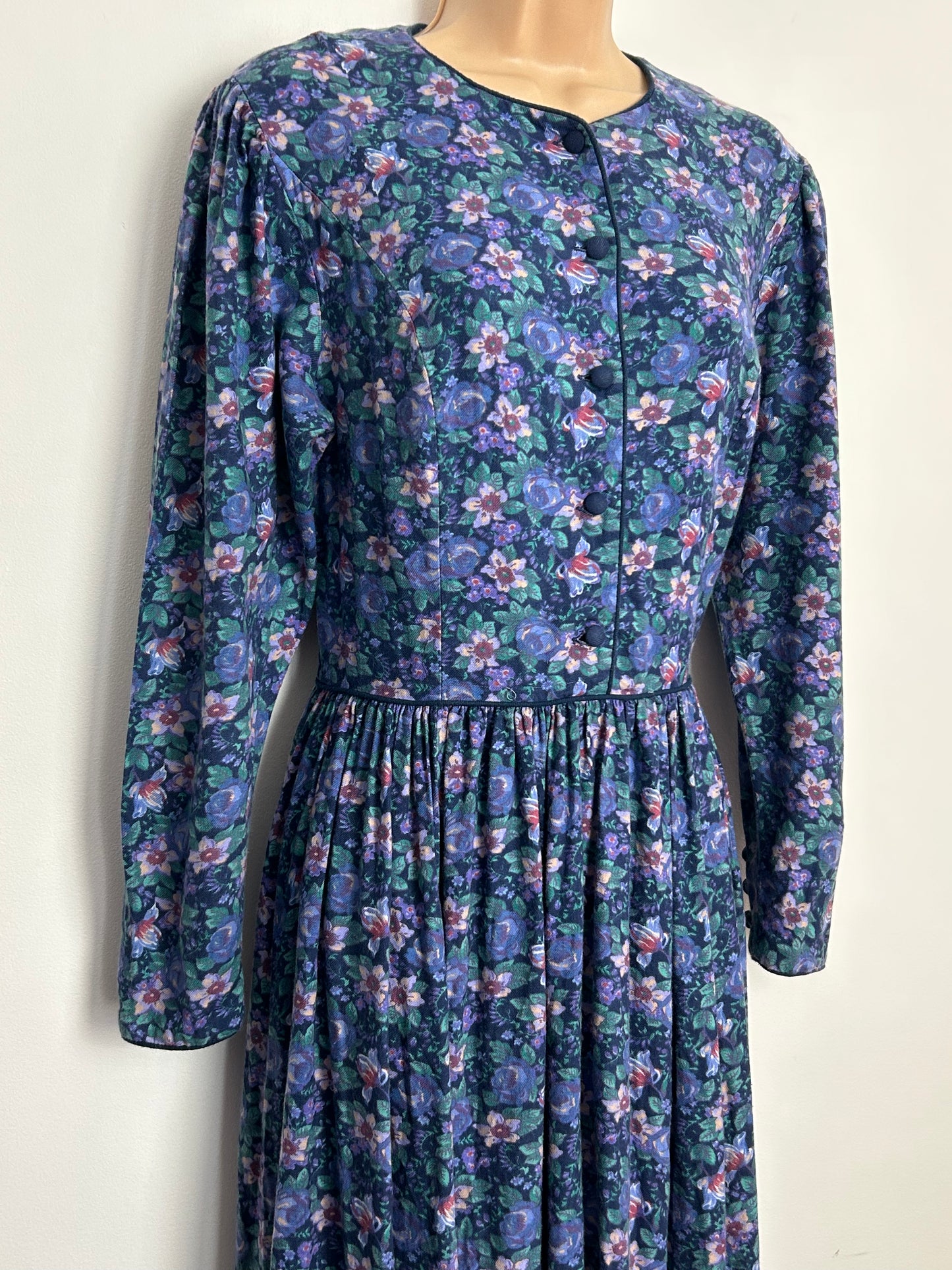 Vintage 1980s LAURA ASHLEY UK Size 10-12 (UK 14 On Label) Blue Tones Floral Print Cotton & Wool Mix Midi Dress