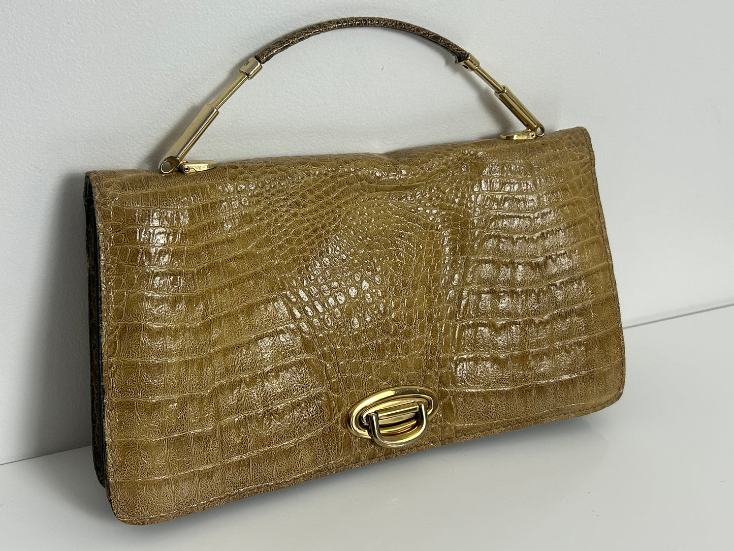 Vintage 1970s Camel Colour Reptile Mock Croc Grab Handle Handbag