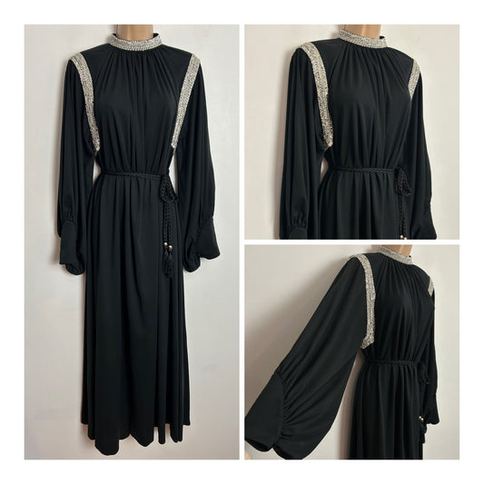 Vintage 1970s UK Size 14-16 Black Silver Braid & Sequin Trim Balloon Cuffed Sleeve Belted Occasion Evening Maxi Dress