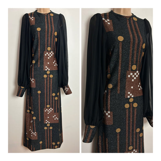 Vintage Early 1970s FIONA UK Size 6-8 Black Bronze & Sandy Beige Lurex Stripe Circle & Geo Print Long Sleeve Occasion Maxi Dress