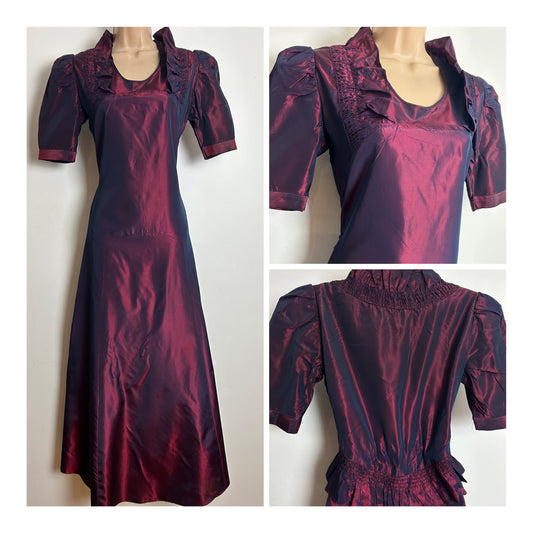 Vintage Original 1930s Size 8-10 Iridescent Plum Purple Satin Shirred Ruffle Detail Evening Dress