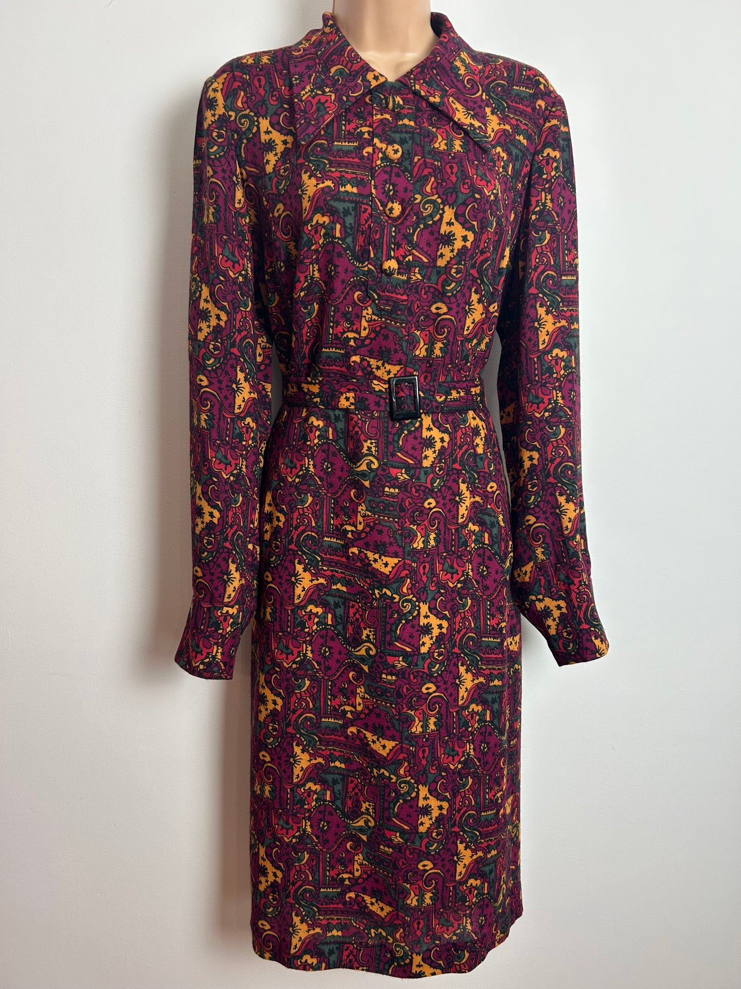 Vintage 1970s Size 16 Wine Mustard & Dark Green Abstract Nouveau Inspired Print Wool Mix Belted Long Sleeve Dress