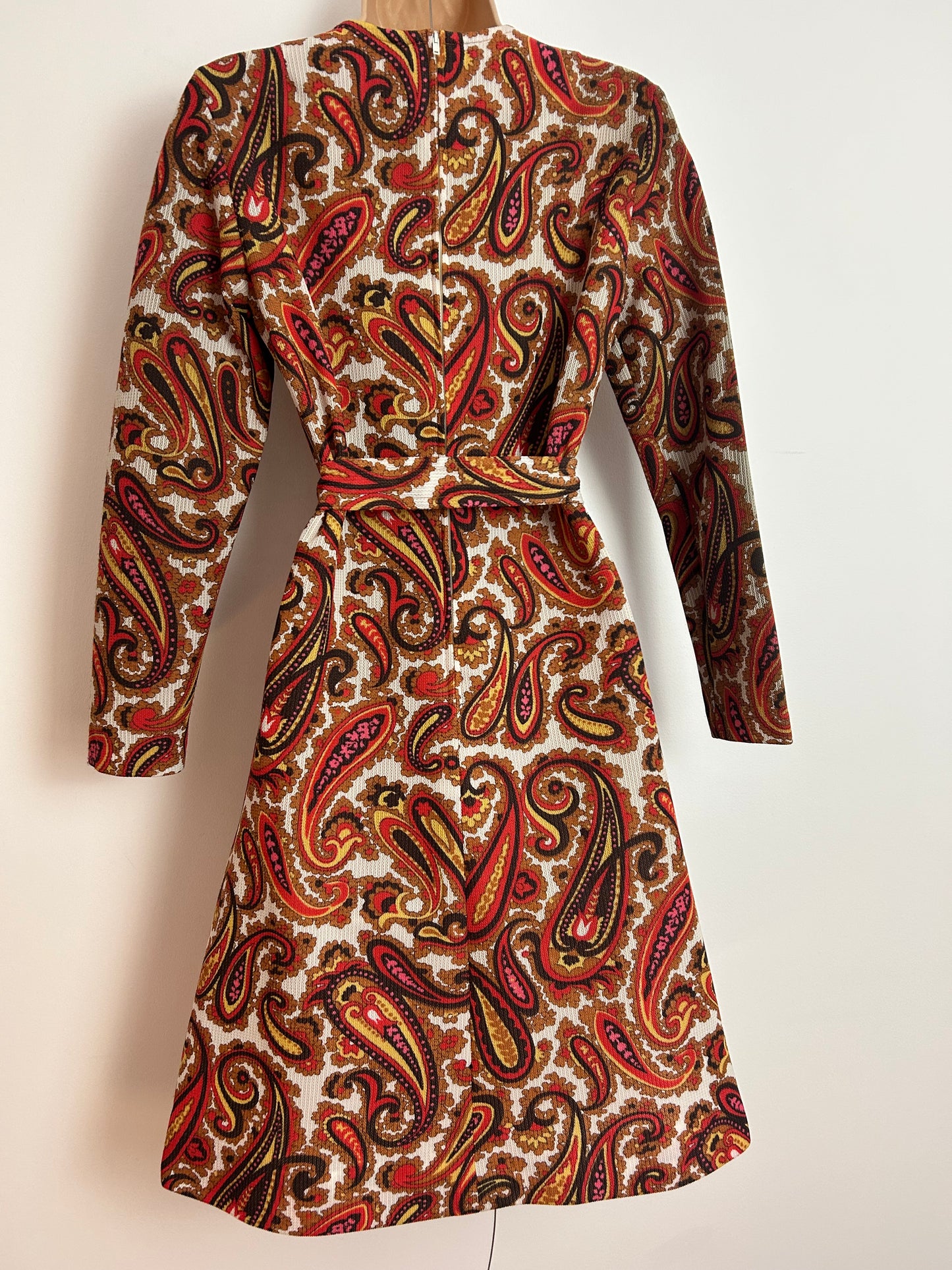 Vintage Late 1960s ST MICHAEL UK Size 10 Brown Red & Mustard Yellow Paisley Print Long Sleeve Belted Mod Dress