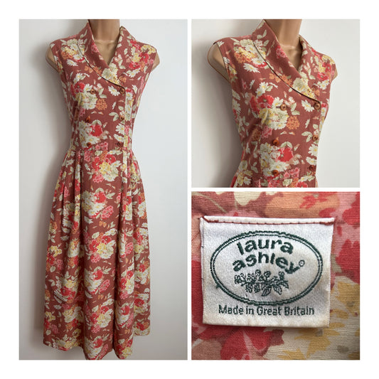 Vintage 1980s LAURA ASHLEY Size 12 Burnt Sienna Floral Print Cotton & Linen Mix Midi Dress
