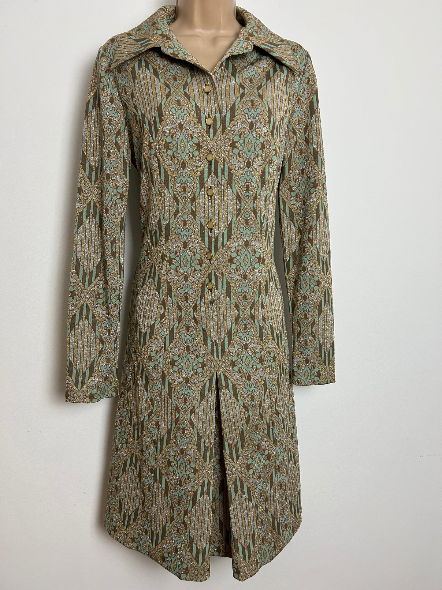 Vintage 1970s Size 12 Brown Mint Green Metallic Gold & Silver Lurex Abstract Stripe Print Long Sleeve Occasion Party Dress
