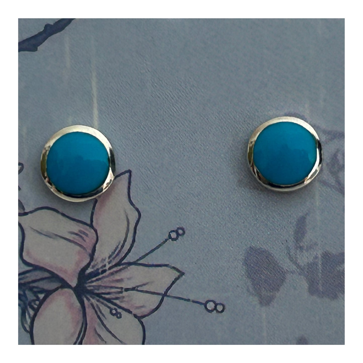 Vintage Silver Tone & Turquoise Enamel Round Earrings