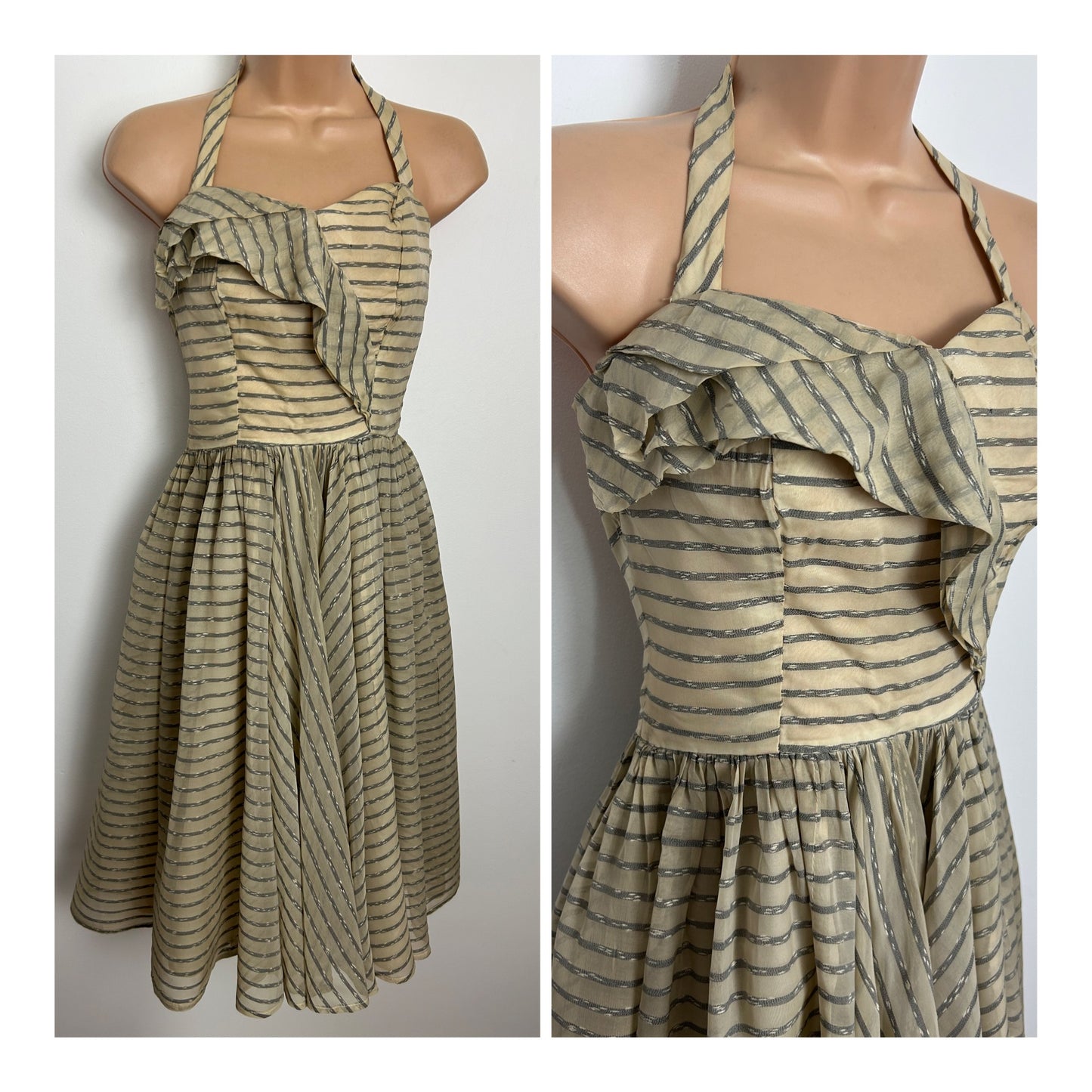 Vintage 1950s Size 8 Beige & Grey Stripe Halterneck Boned Party Prom Occasion Dress