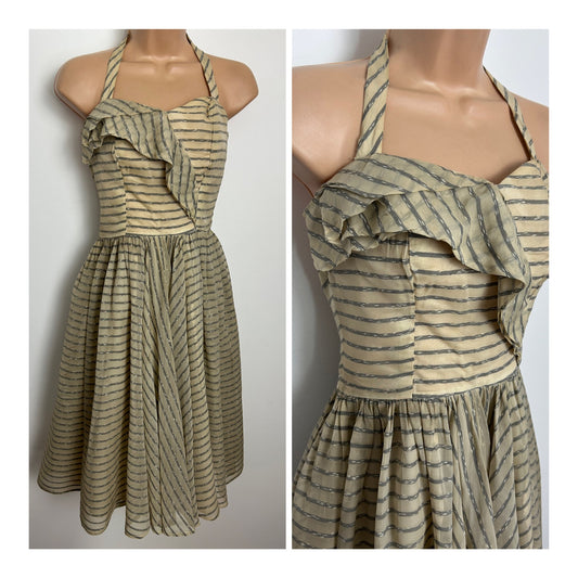 Vintage 1950s Size 8 Beige & Grey Stripe Halterneck Boned Party Prom Occasion Dress