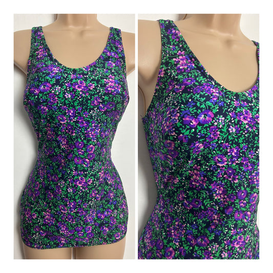 Vintage 1970s Size 14 Black Pink & Purple Floral Print Padded Cups Skirted Swimsuit