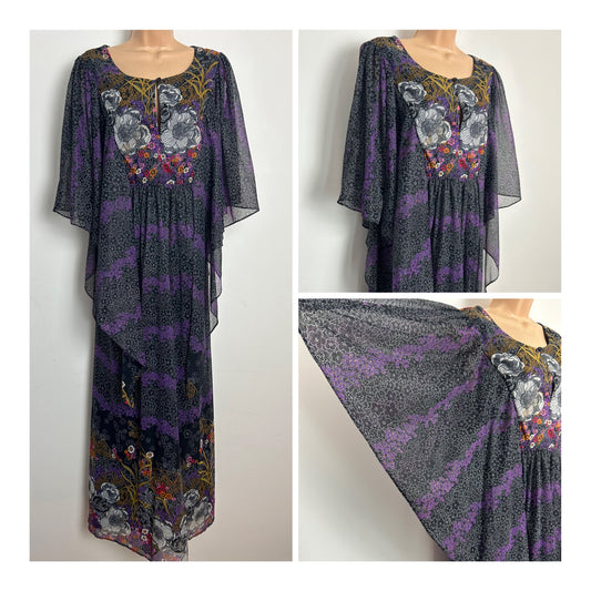 Vintage 1970s SYLVAN Size 16-18 Black White & Purple Floral Print Chiffon Floaty Cape Sleeve Boho Maxi Dress