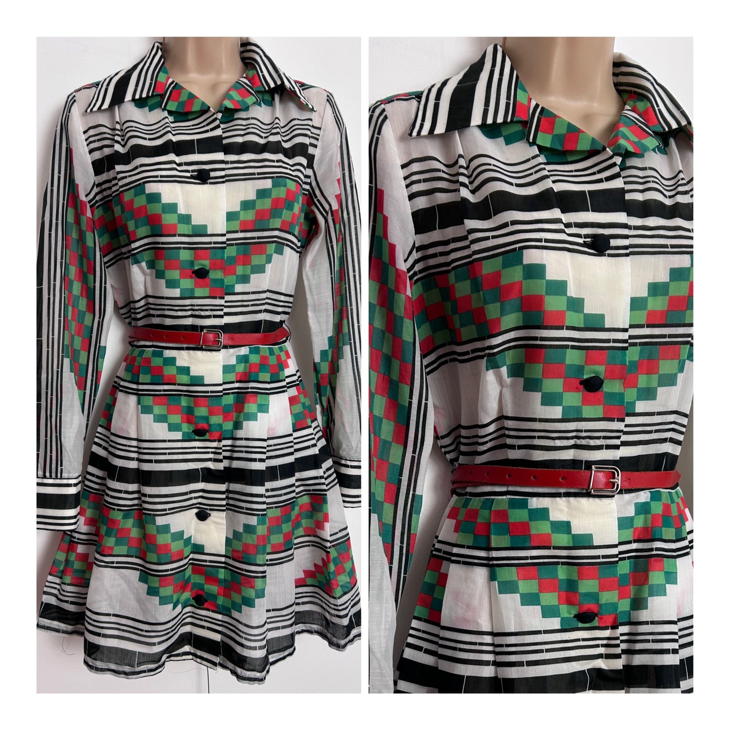 Vintage 1970s CAROLETTE MADE IN DENMARK UK Size 10 Cute Black White Red & Green Check & Stripe Print Belted Mini Mod Dress