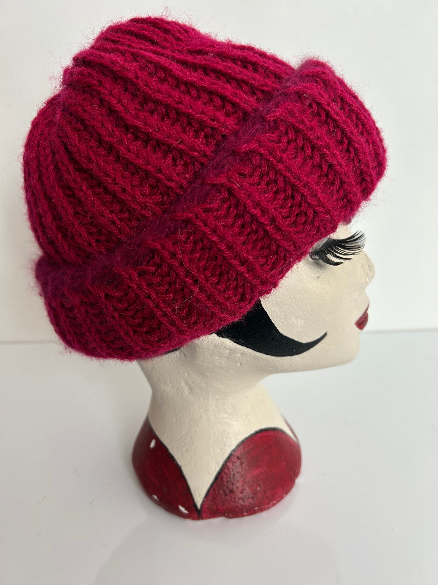 Vintage Raspberry Chunky Rib Knit Turn Up Angora & Wool Mix Beanie Style Hat