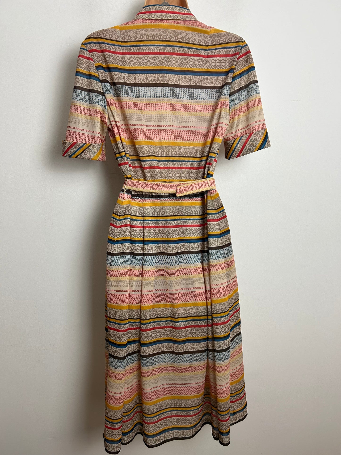 Vintage 1970s Approx Size 10 Beige Red Blue & Mustard Stripe Print Belted Pleated Day Dress
