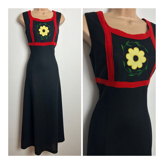 Vintage 1970s Size 8 Black Flower Applique & Red Braid Trim Sleeveless Maxi Dress