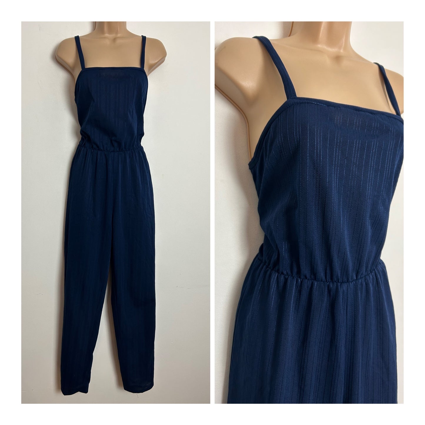 Vintage 1980s C&A UK Size 8 Navy Blue Pinstripe Strappy Tapered Leg Jumpsuit