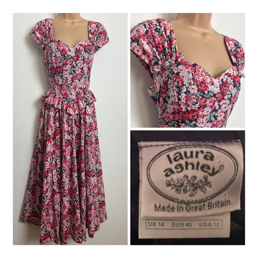Vintage 1980s LAURA ASHLEY Size 10 (14 On Label) Navy Red & Pink Floral Bow Shoulder Detail Summer Midi Dress