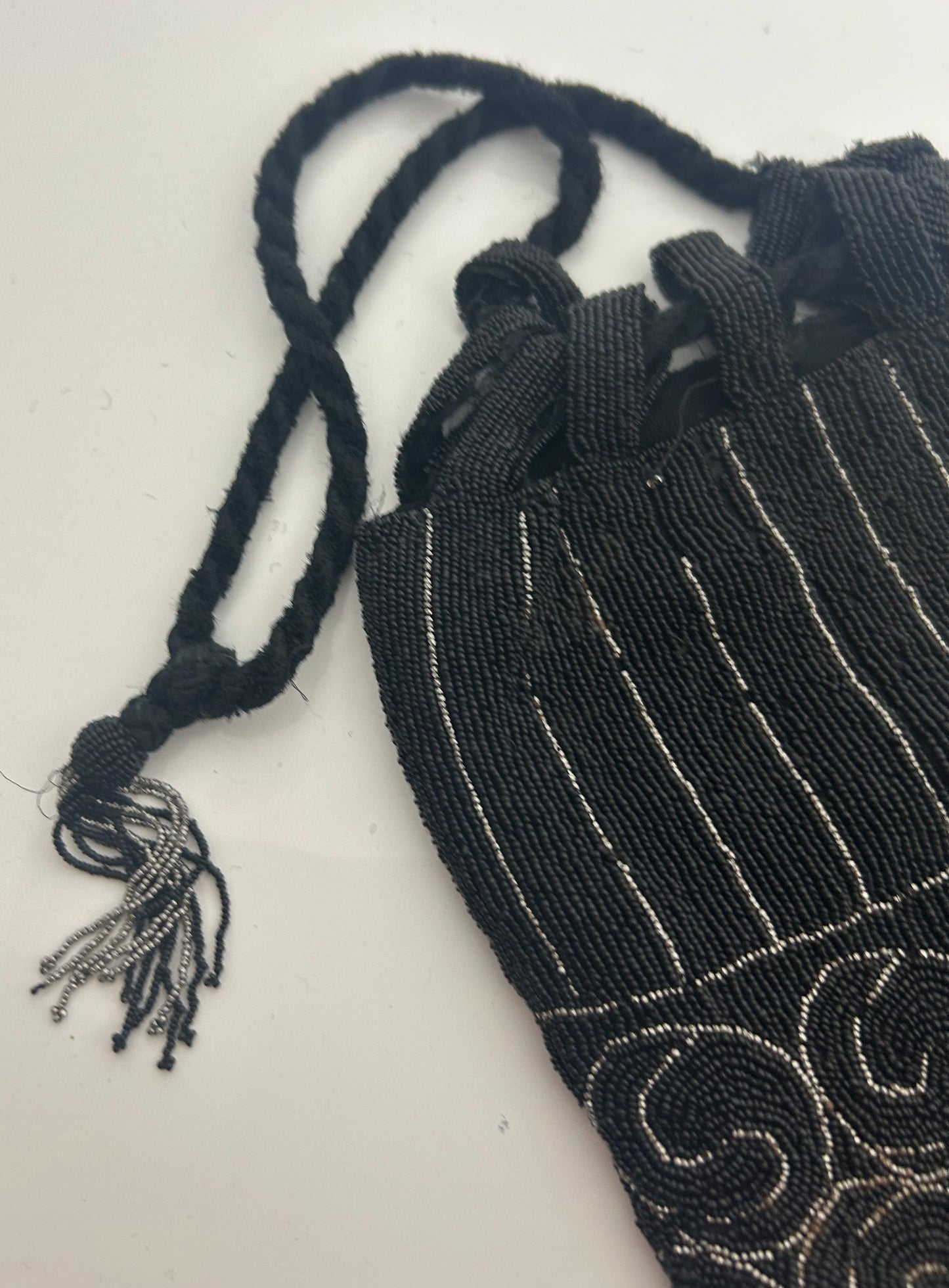 Vintage Circa 1920s Black & Silver Micro Beaded Swirl Pattern Pouch Style Flapper Bag