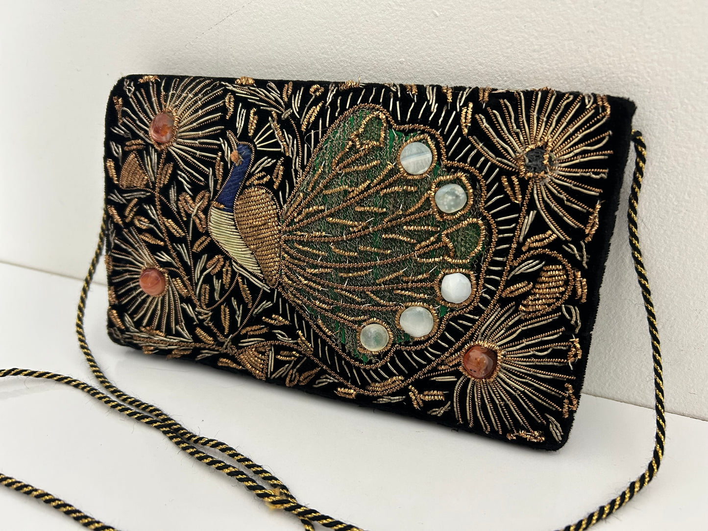 Vintage 1960s Zardosi Black Velvet & Gold Embroidered Peacock Design Shoulder Bag